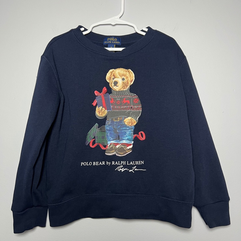 Polo Ralph Lauren Kids Navy Blue Polo Bear Teddy Holiday Sweatshirt Size‎ 5